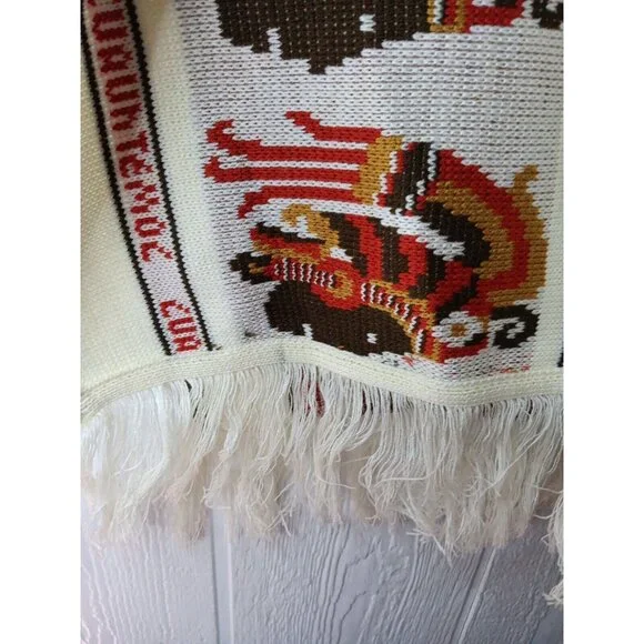 Vtg 1970s Knit Cuauhtemoc Poncho Cream One Size Tribal Boho Fringed Tie Front - Picture 4 of 7